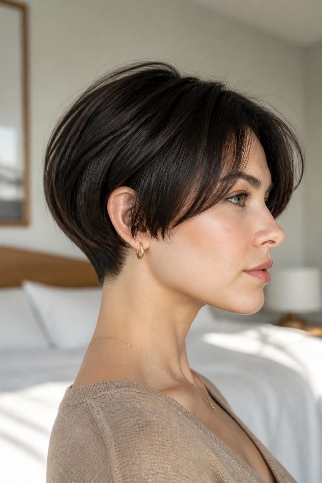 Close-up of a real woman with Microbob With a Tucked Nape showing dense crown and tucked nape