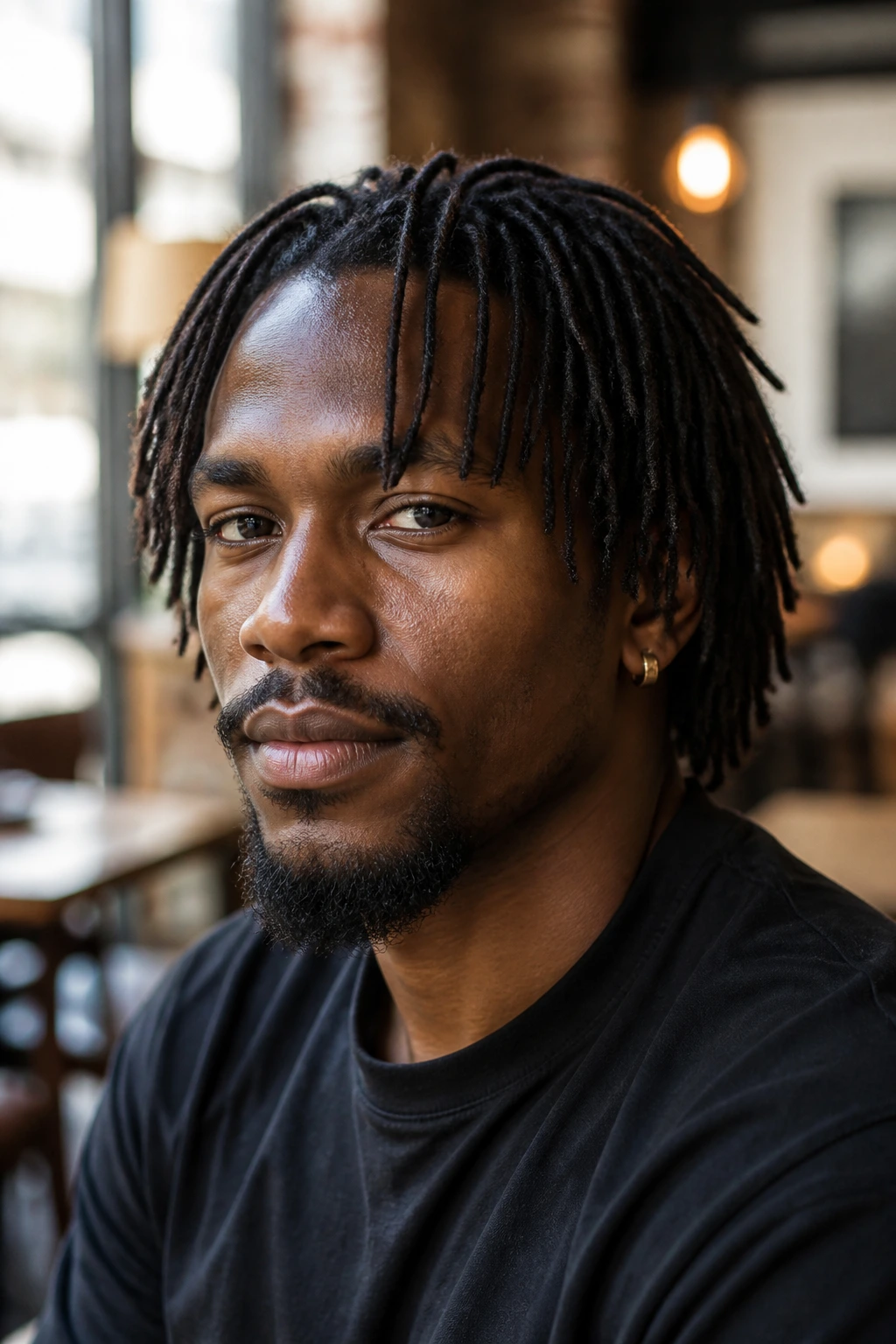 Close-up portrait of a man with microlocs in a sunlit cafe