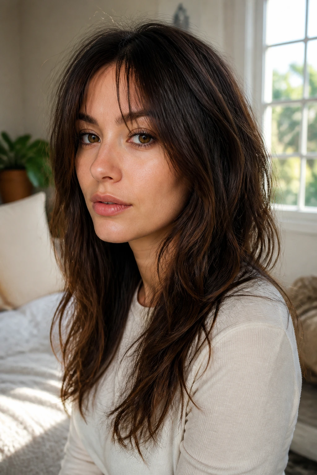 Close-up portrait of a real woman with micro-texture face frame shag in sunny room light