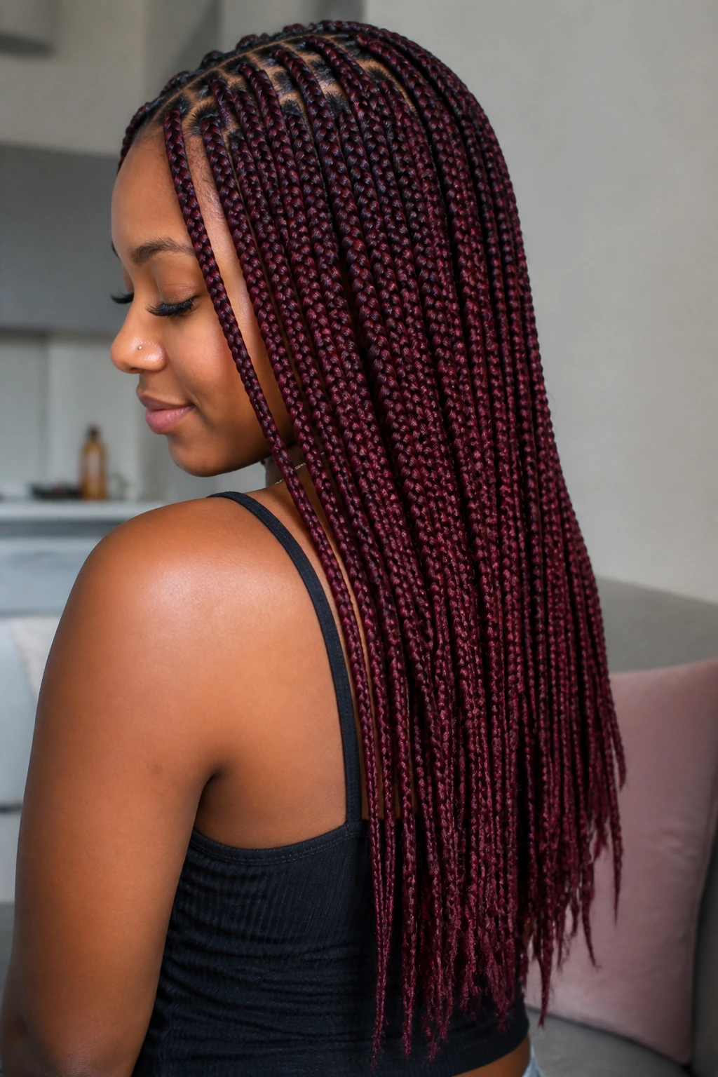 Portrait of a real woman with mid-back burgundy knotless braids indoors