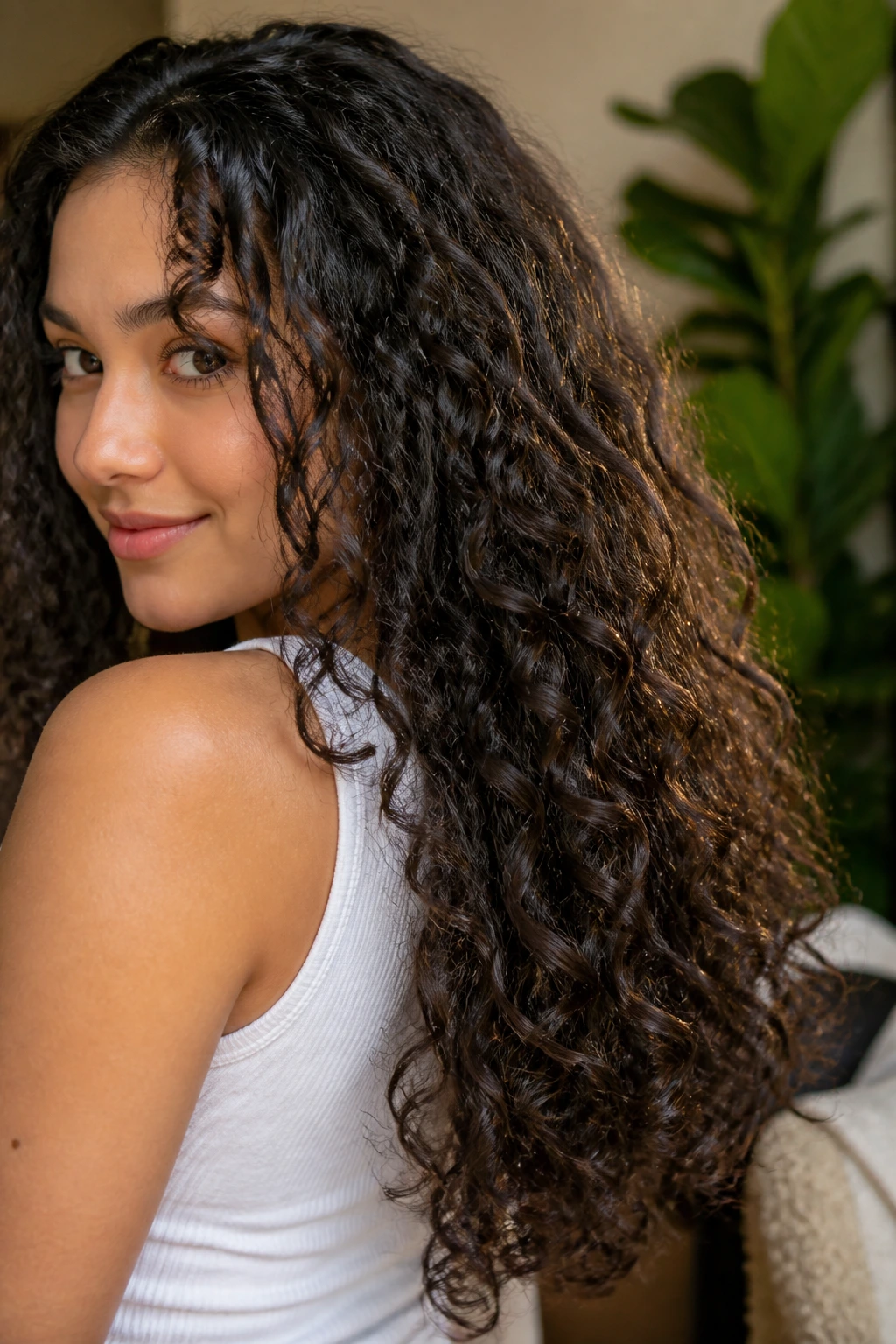Close-up of a real woman with mid-back curls showing internal weight removal.