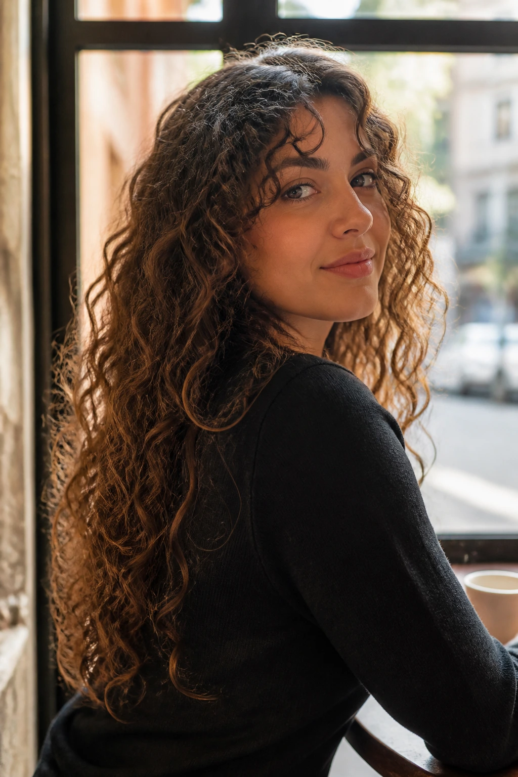 Real person with mid-back grow-out layered curls in sunlit cafe