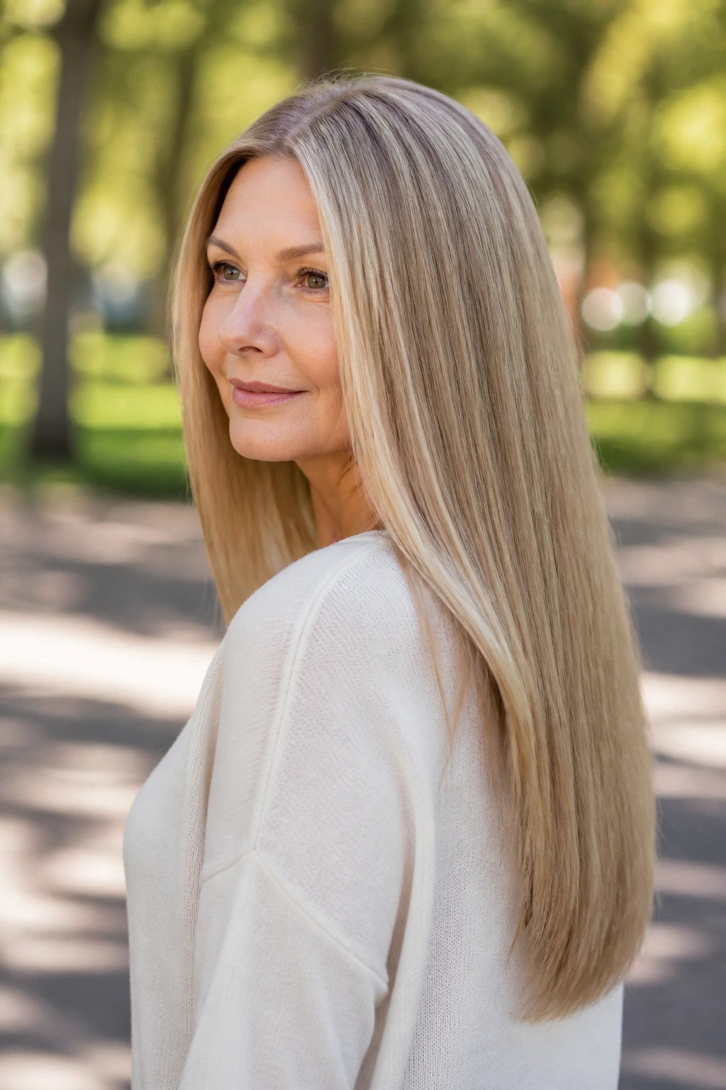 Real woman with mid-back hair angled slightly forward, outdoors with soft background