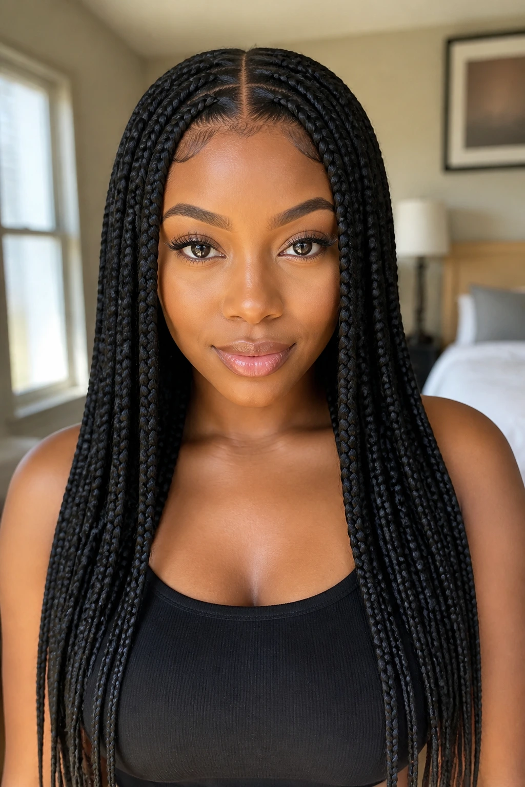Real person with mid-back knotless braids and center part