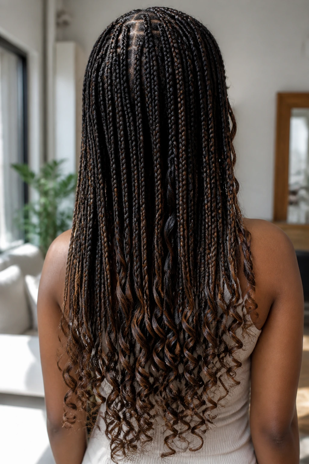 Back view of mid-back knotless braids with spiral ends on a real person