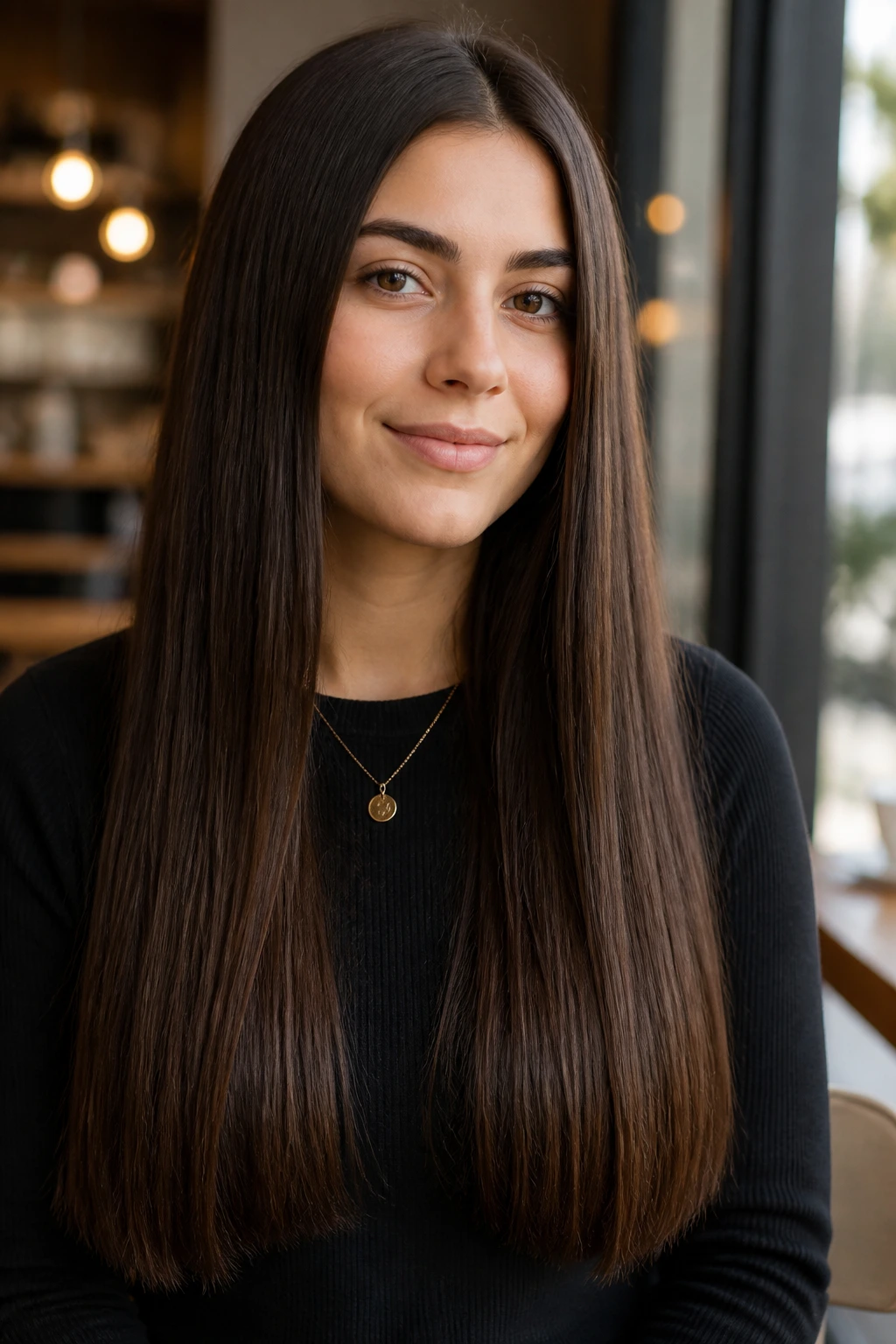 Person with mid-back one-length straight hair close-up