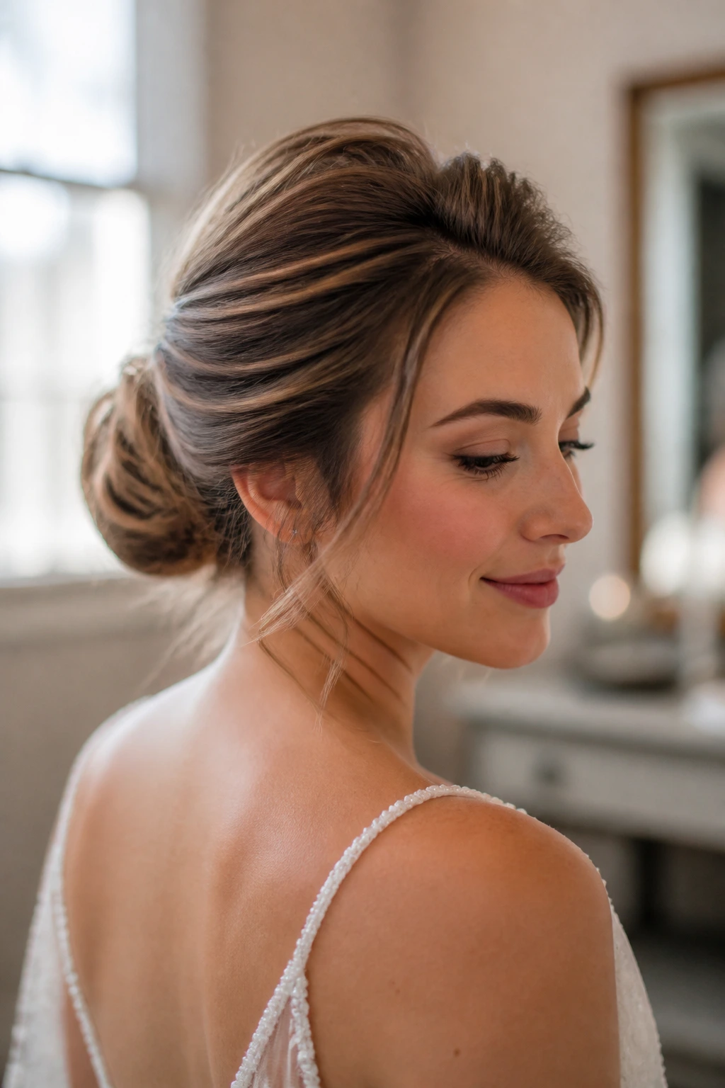 Close-up of real woman with a mid bun and soft crown volume
