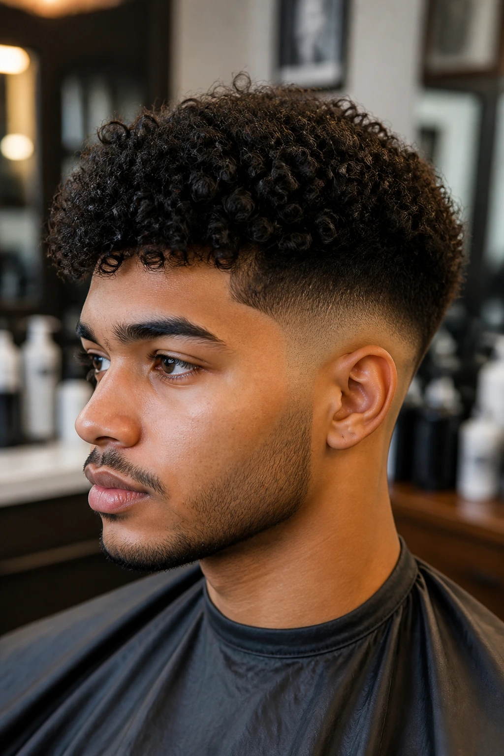 Close-up of a real person with a mid curly fade and rounded crown