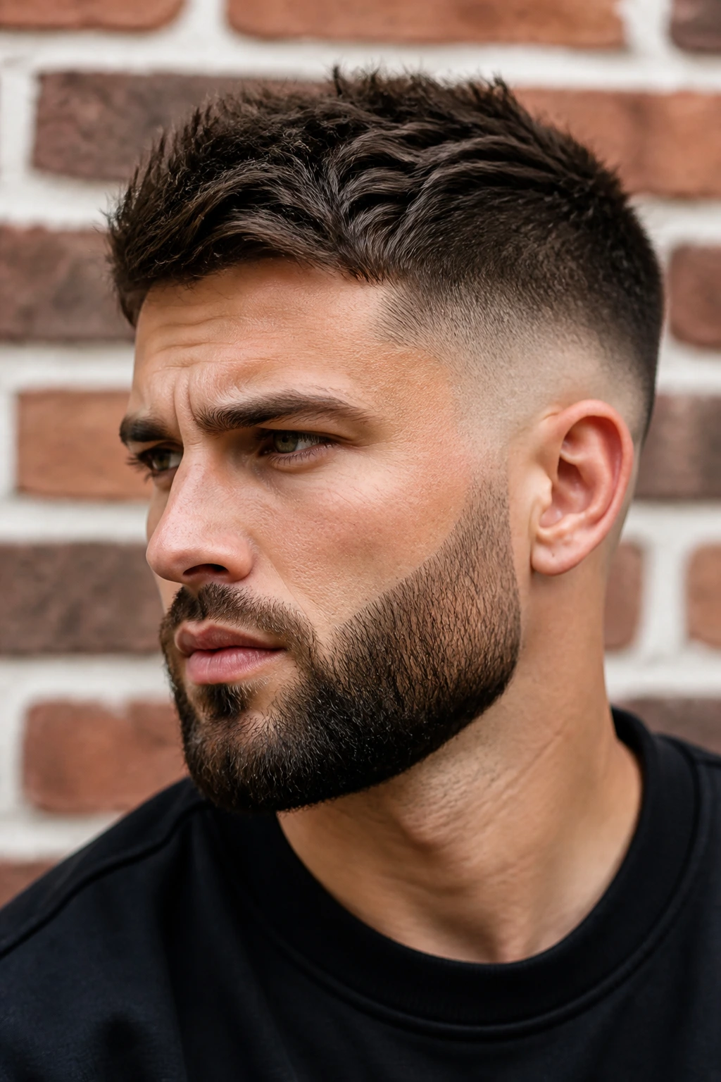 Close-up of a man with a mid fade beard and defined jawline in warm daylight