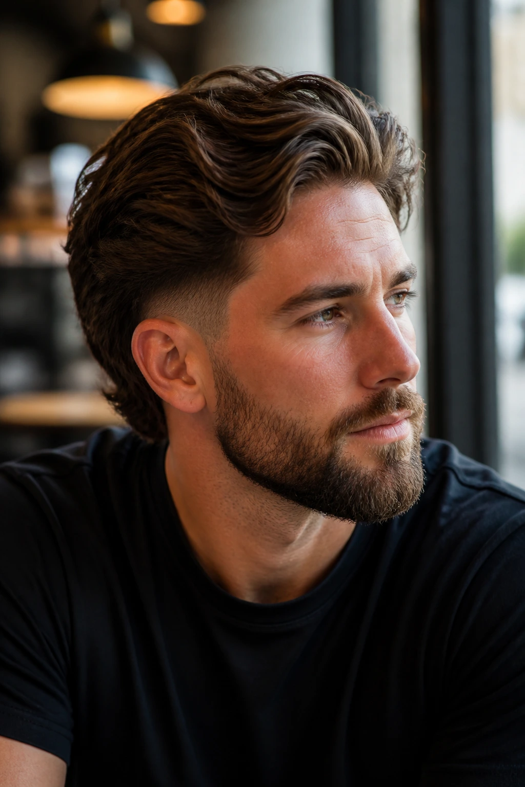 Close-up of a man with a mid fade, layered top, and beard.