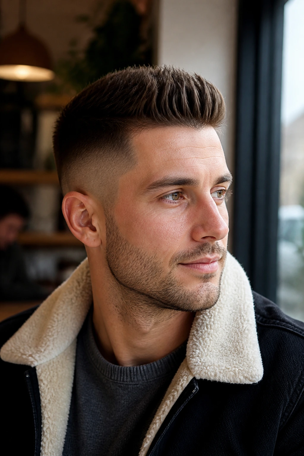 Three-quarter portrait of a man with a mid fade and brushed-up front.