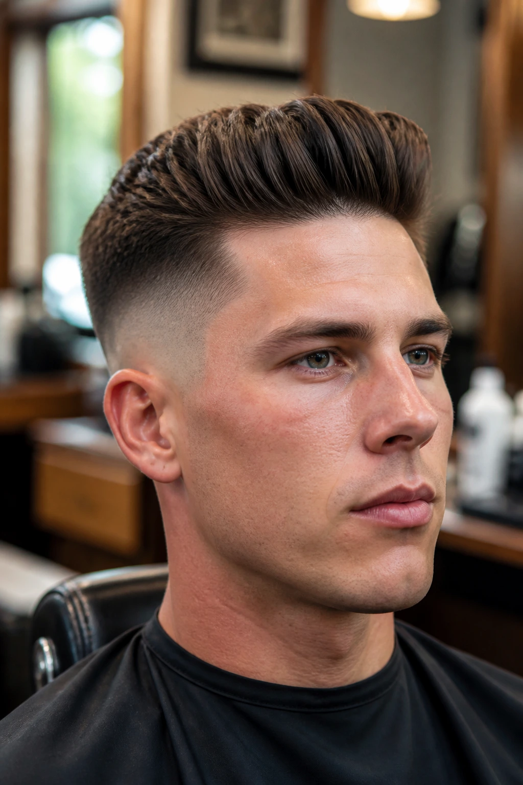 Close-up portrait of a man with a mid fade and brush-up hairstyle in a barber shop