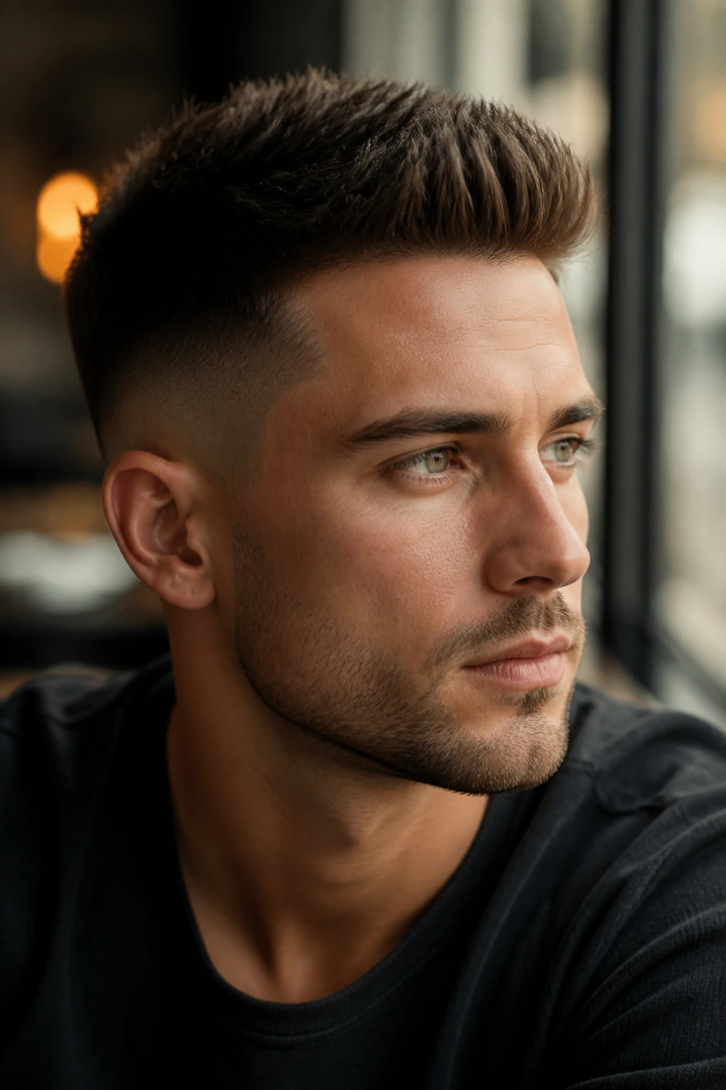 Close-up of a man with a mid fade and brush-up hairstyle