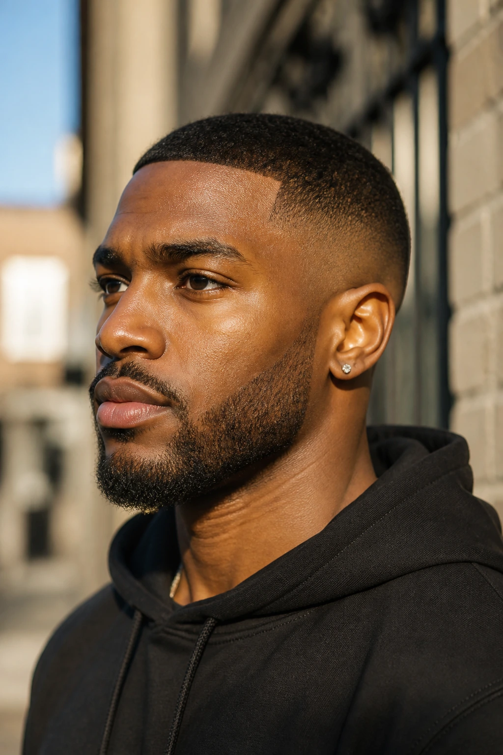 Portrait of a Black man with a mid fade buzz, top length visible, urban street background.