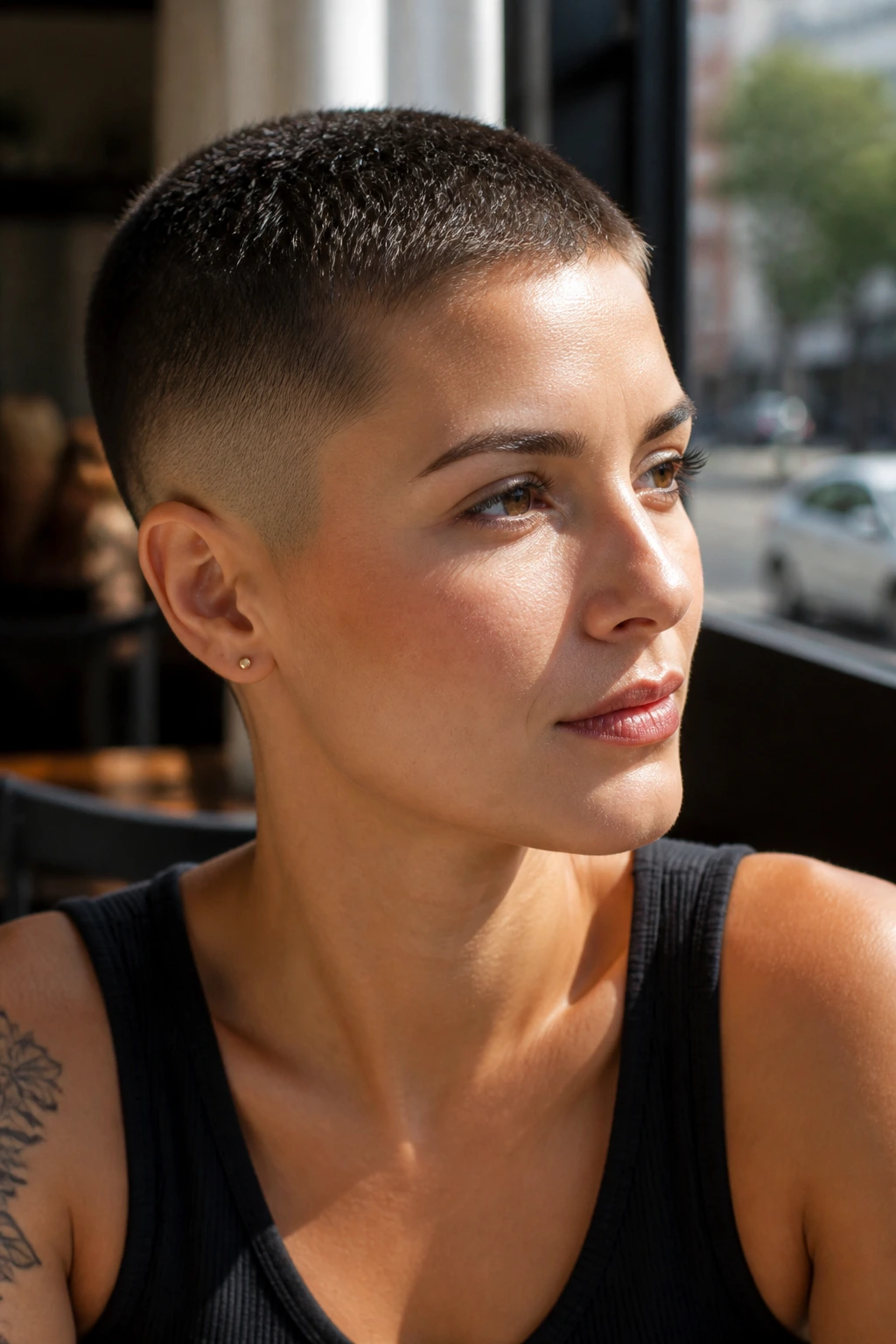 Close-up portrait of a real woman with a mid fade buzz cut in a sunlit cafe setting