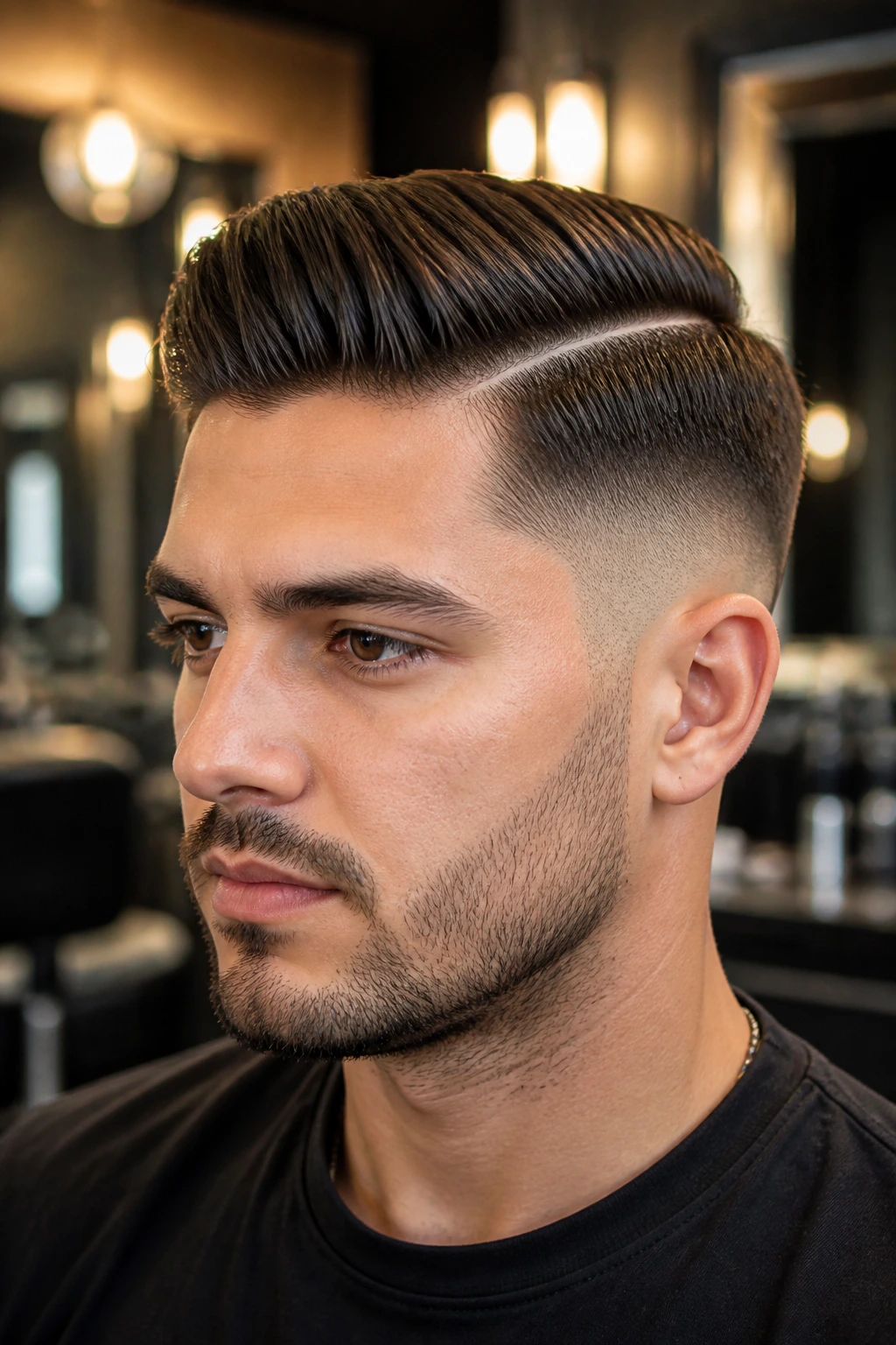 Close-up portrait of a man with a mid fade and hard part in a barber studio.