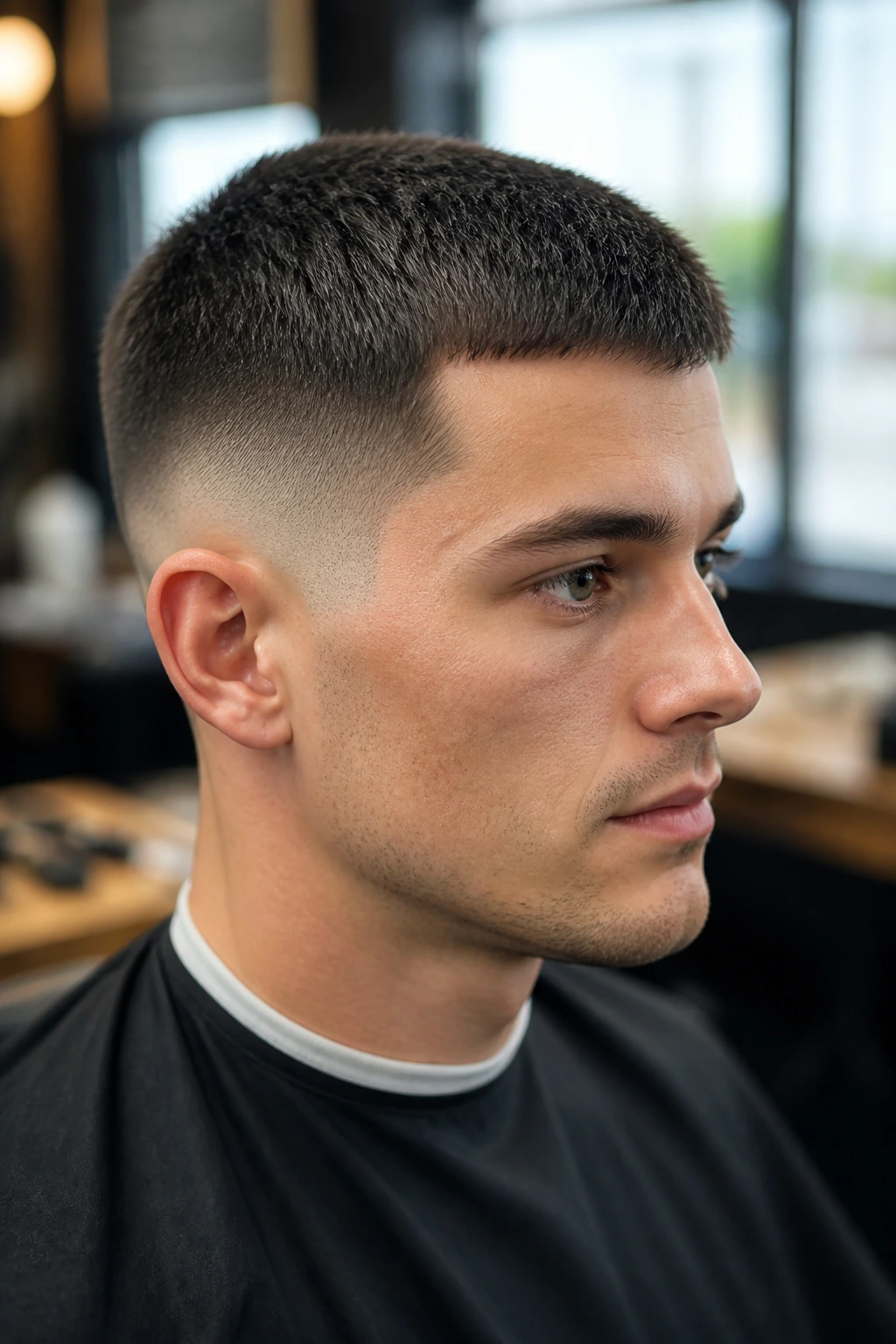 Close-up of man with mid fade crew cut