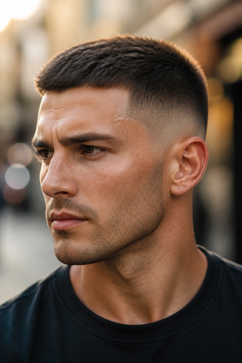 Man with mid fade crew cut portrait