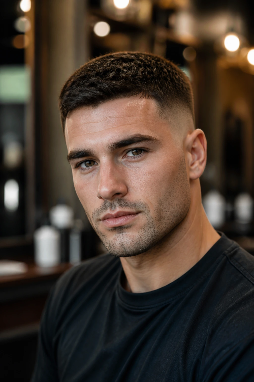 Portrait of a man with a mid fade crew cut in a salon.