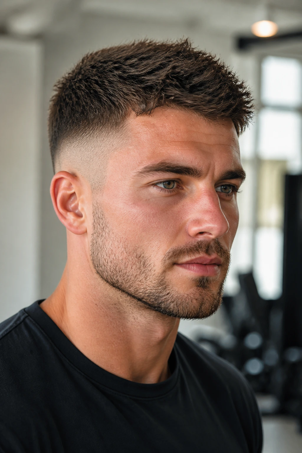 Close-up of a man with a mid fade crew cut and extra texture