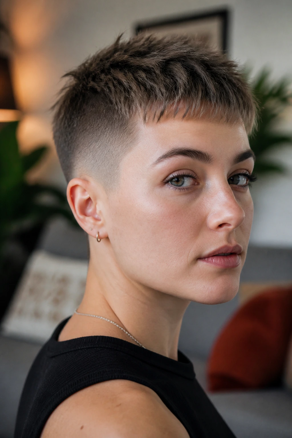 Portrait of a real woman with mid fade crop and choppy texture