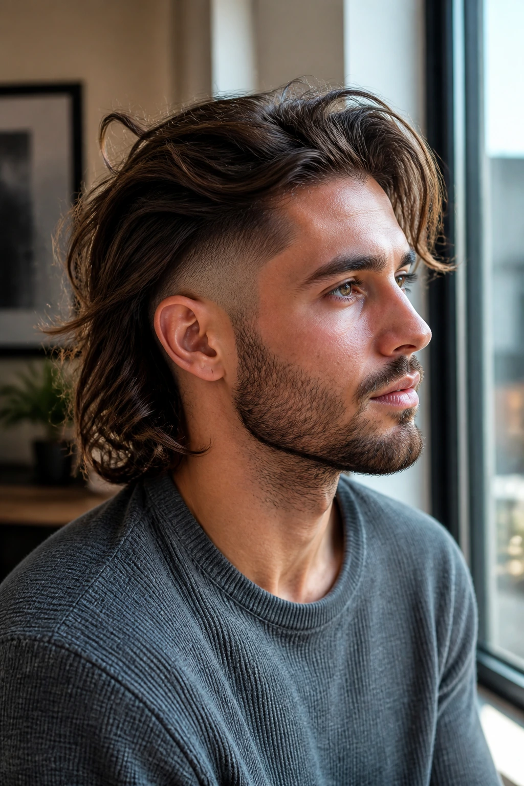 Portrait of man with mid-fade and loose crown long hair