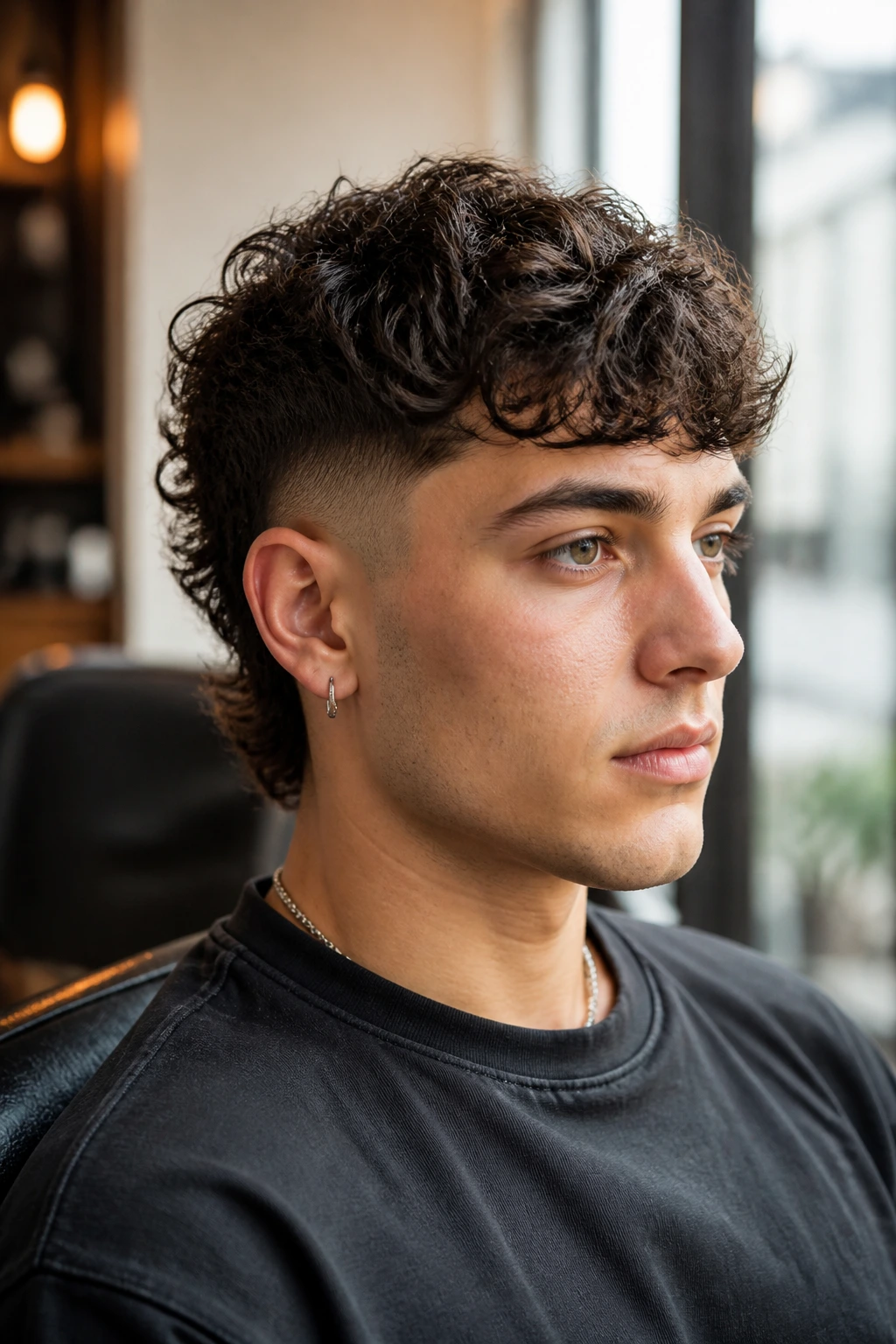 Portrait of a man with mid-fade curly shag hairstyle in a salon setting