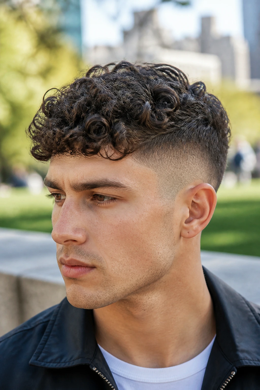 Close-up portrait of a man with curly crop and mid fade in an outdoor park