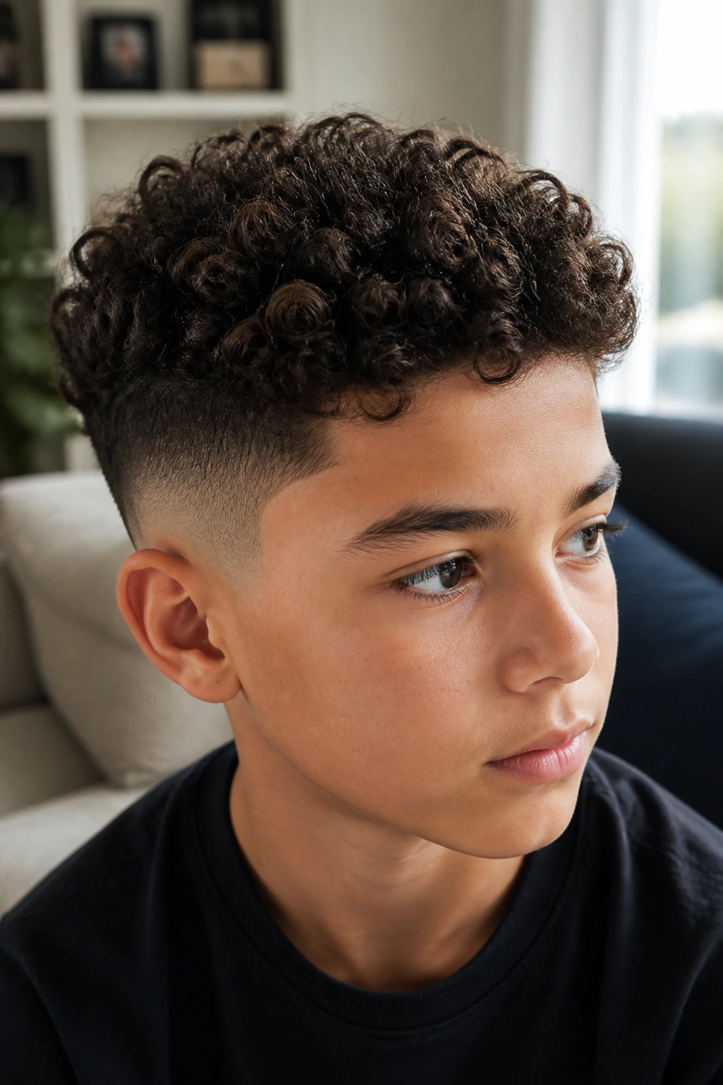 Close-up of a real boy with Mid Fade with Defined Curls in a living room