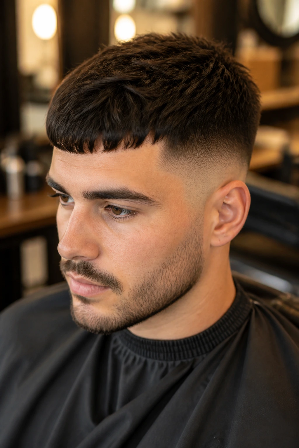 Close-up portrait with mid fade and French crop fringe