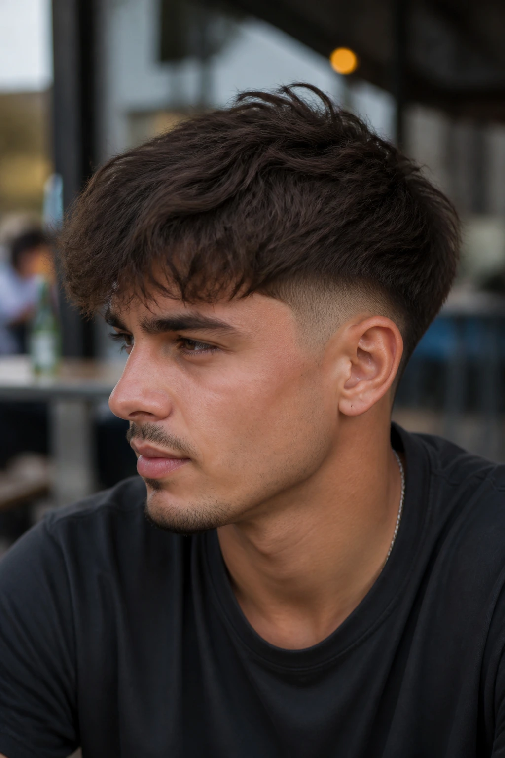Portrait of man with mid fade messy fringe hairstyle