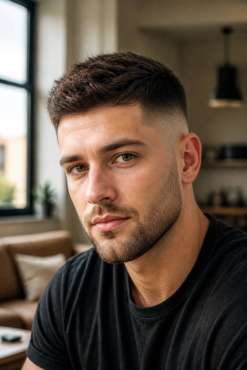Portrait of a man with a mid fade and textured top.