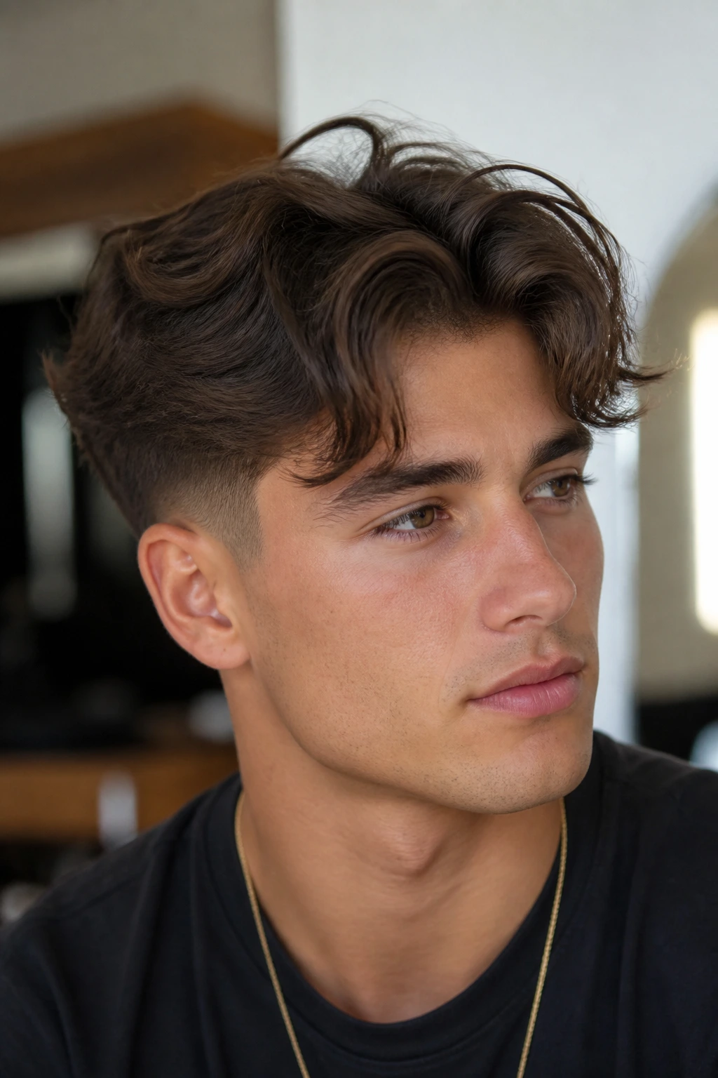 Portrait of a person with a mid fade and loose wavy curtains