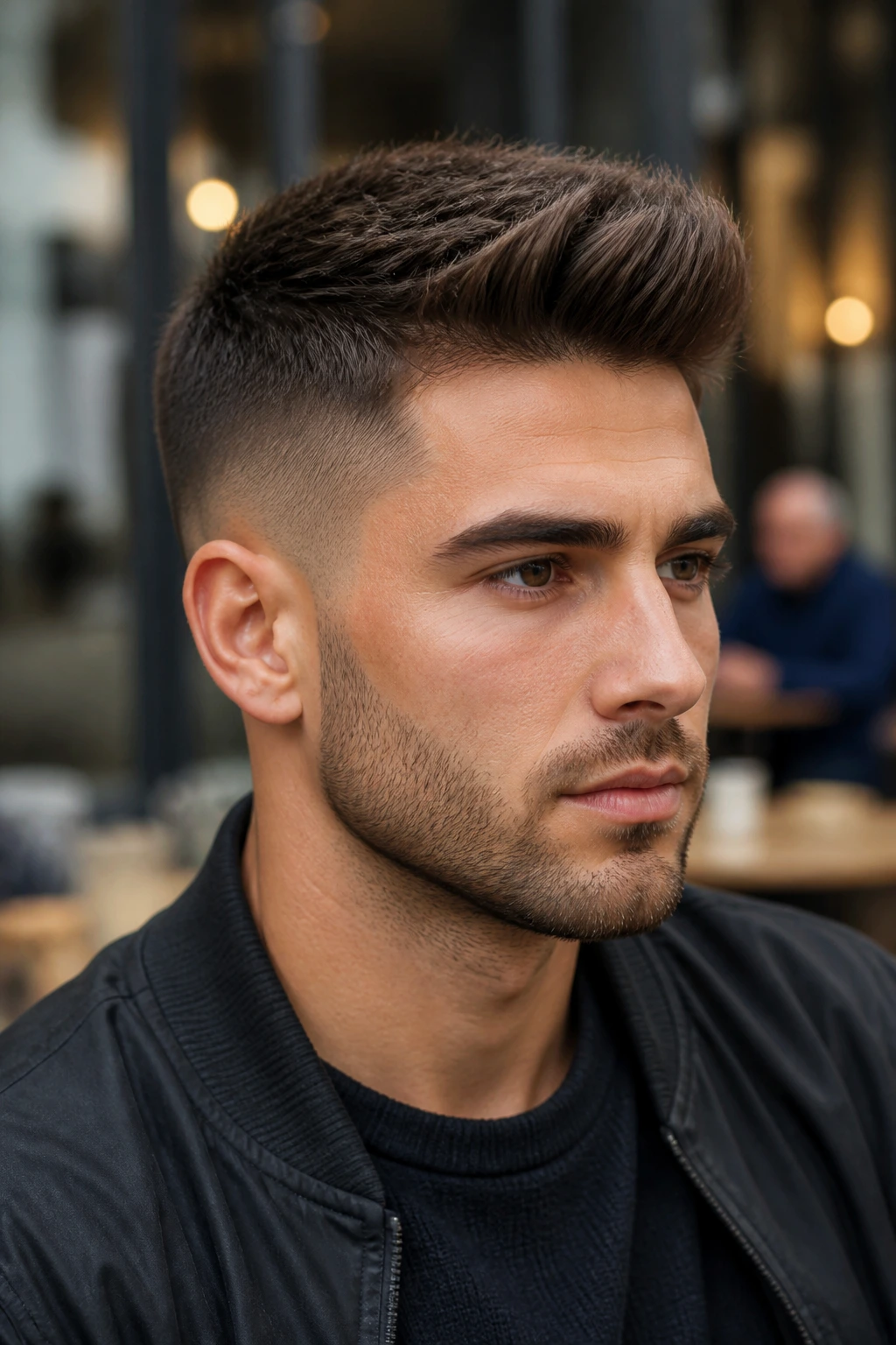 Close-up of a man with a mid-fade matte quiff showing lift and compact front