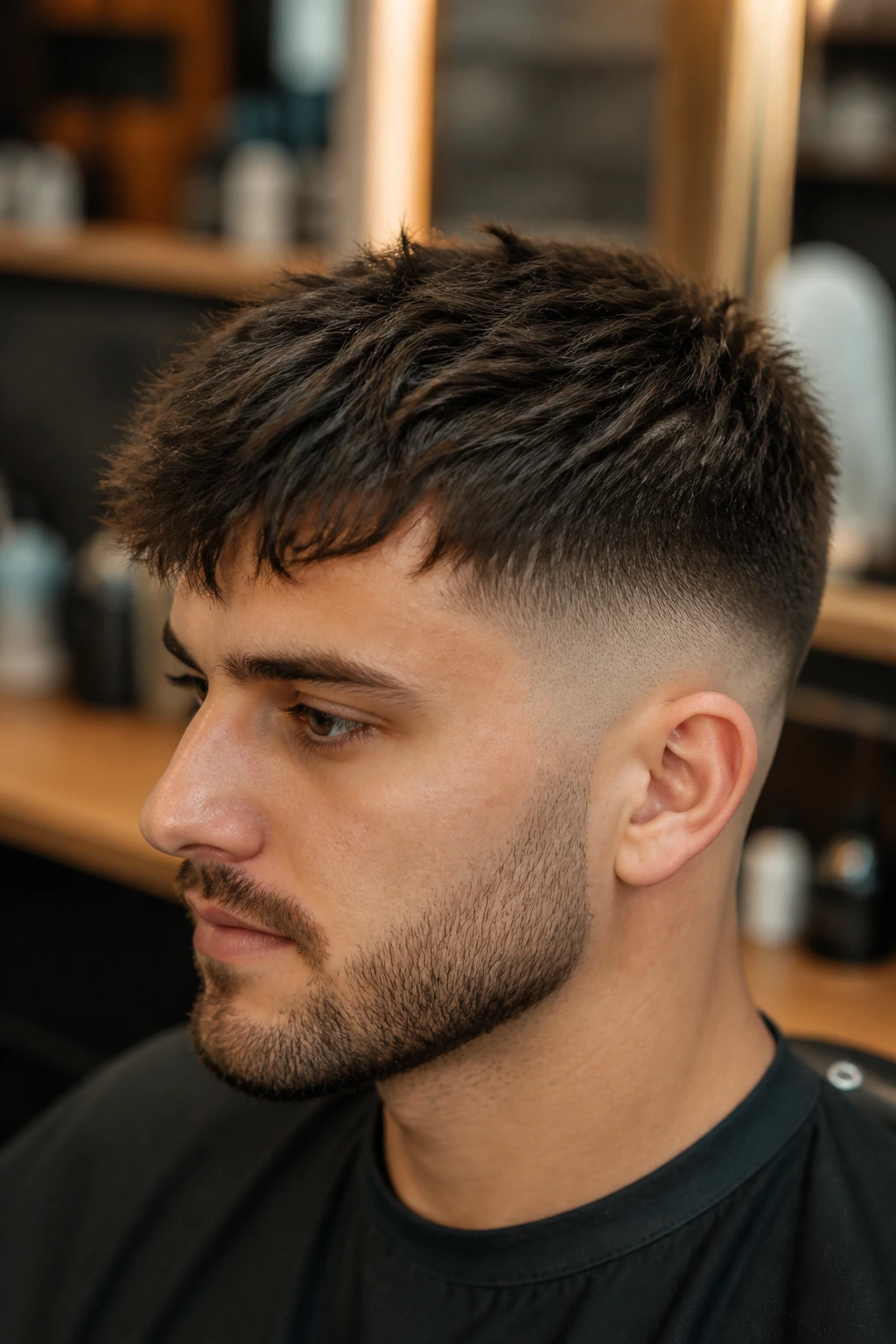 Close-up portrait of a man with a mid fade and messy crop, hair texture and fade clearly visible