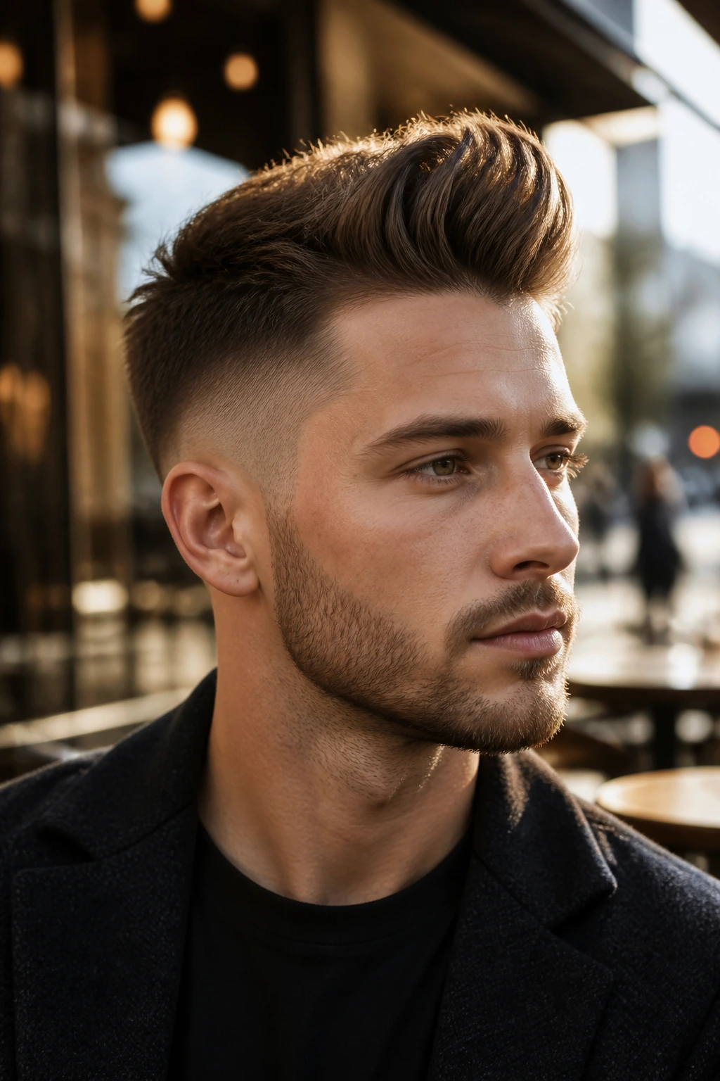 Man with mid fade quiff lifted front