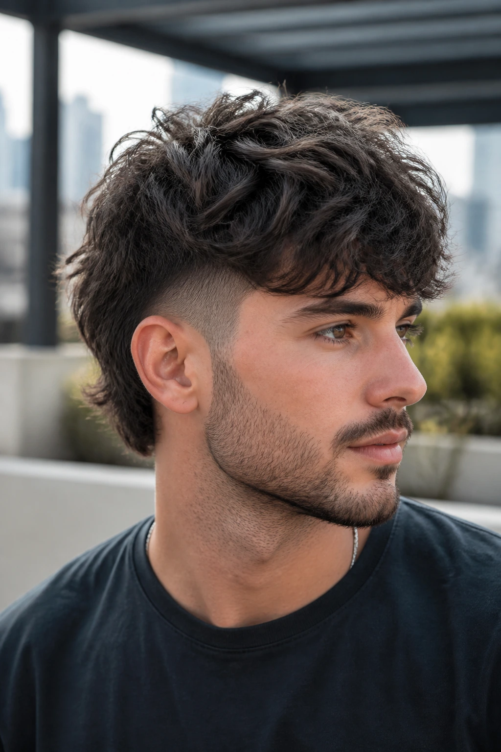 Man with layered shag and mid fade.