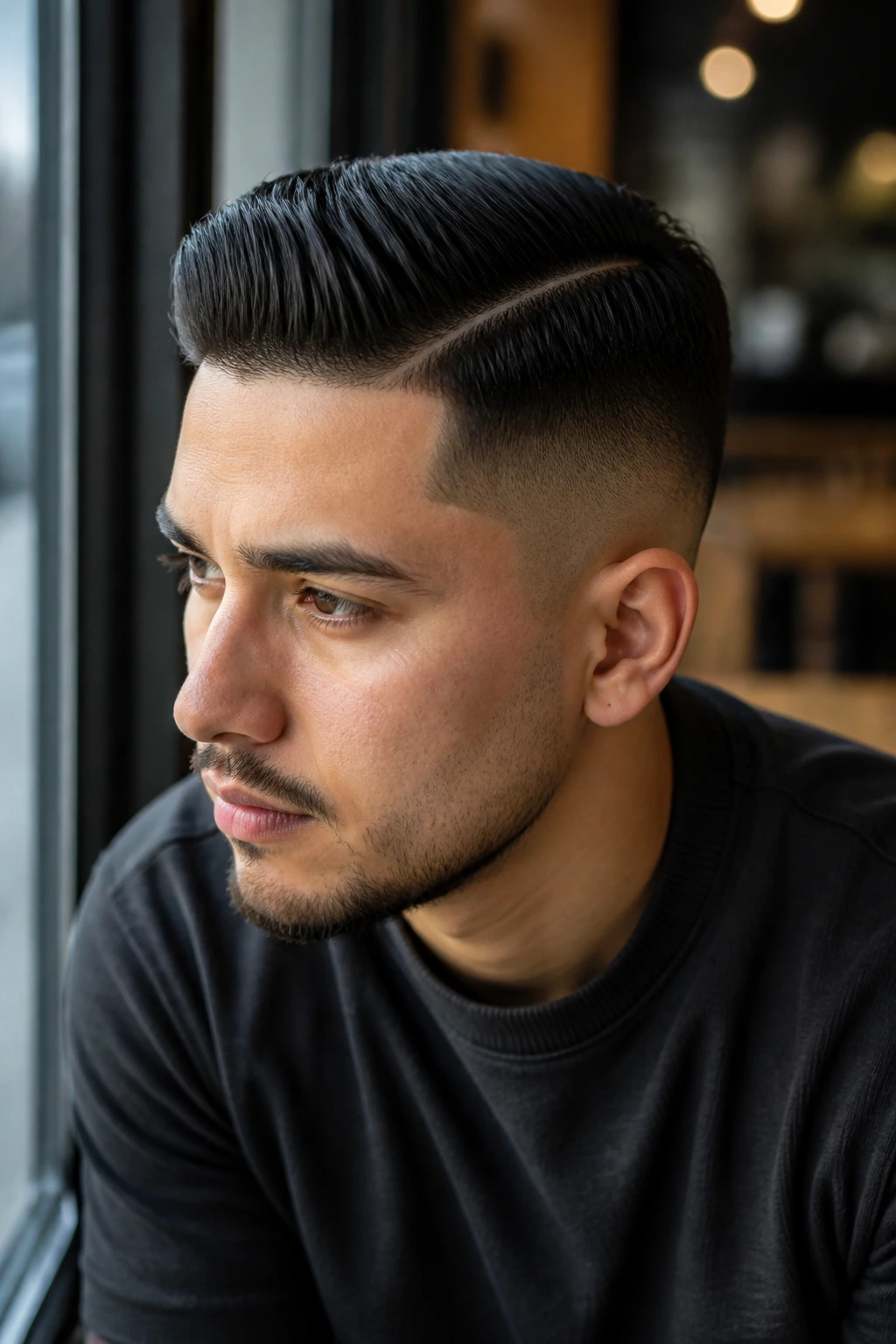Close-up of man with mid fade and side part
