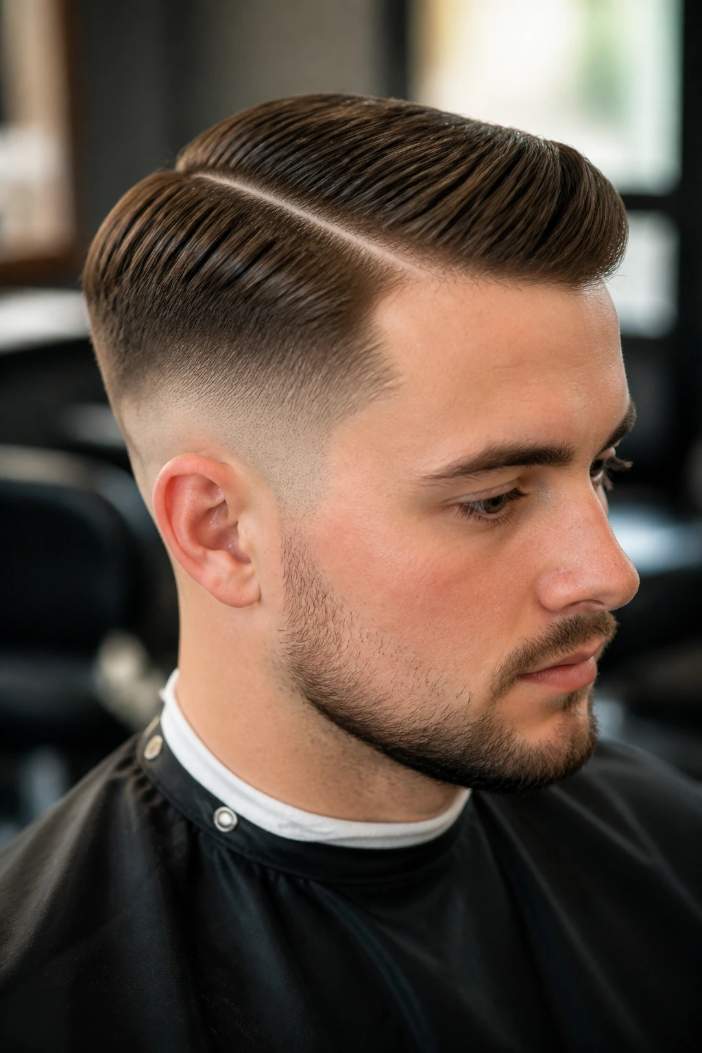 Close-up of man with mid fade and side part