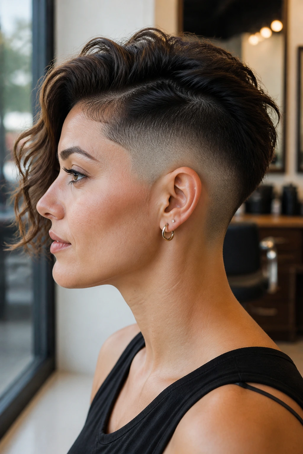 Side profile portrait displaying a mid fade on a woman