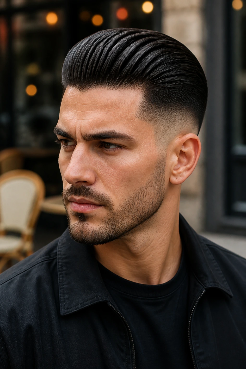 Close-up portrait of a man with a mid fade and slicked-back top in a street cafe setting