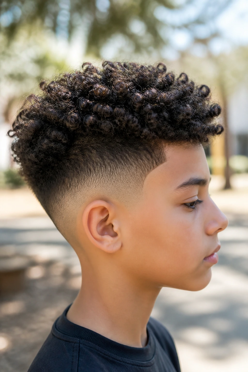 Boy with mid fade and defined sponge-defined curls on top