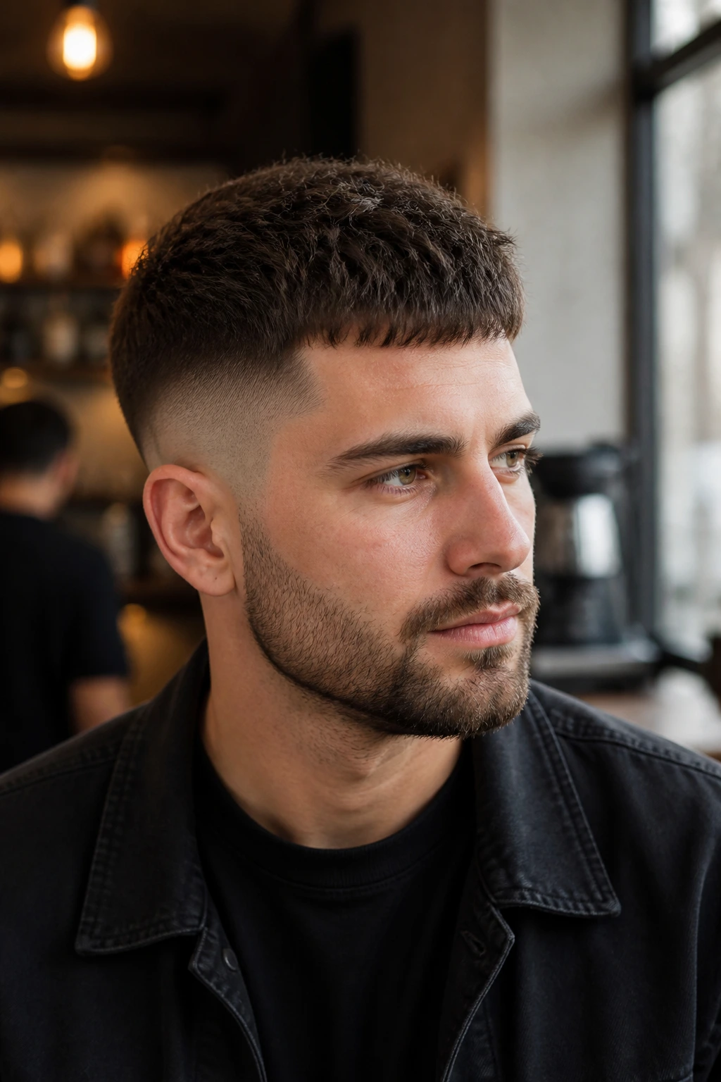 Man with mid fade and textured crop in a cafe setting
