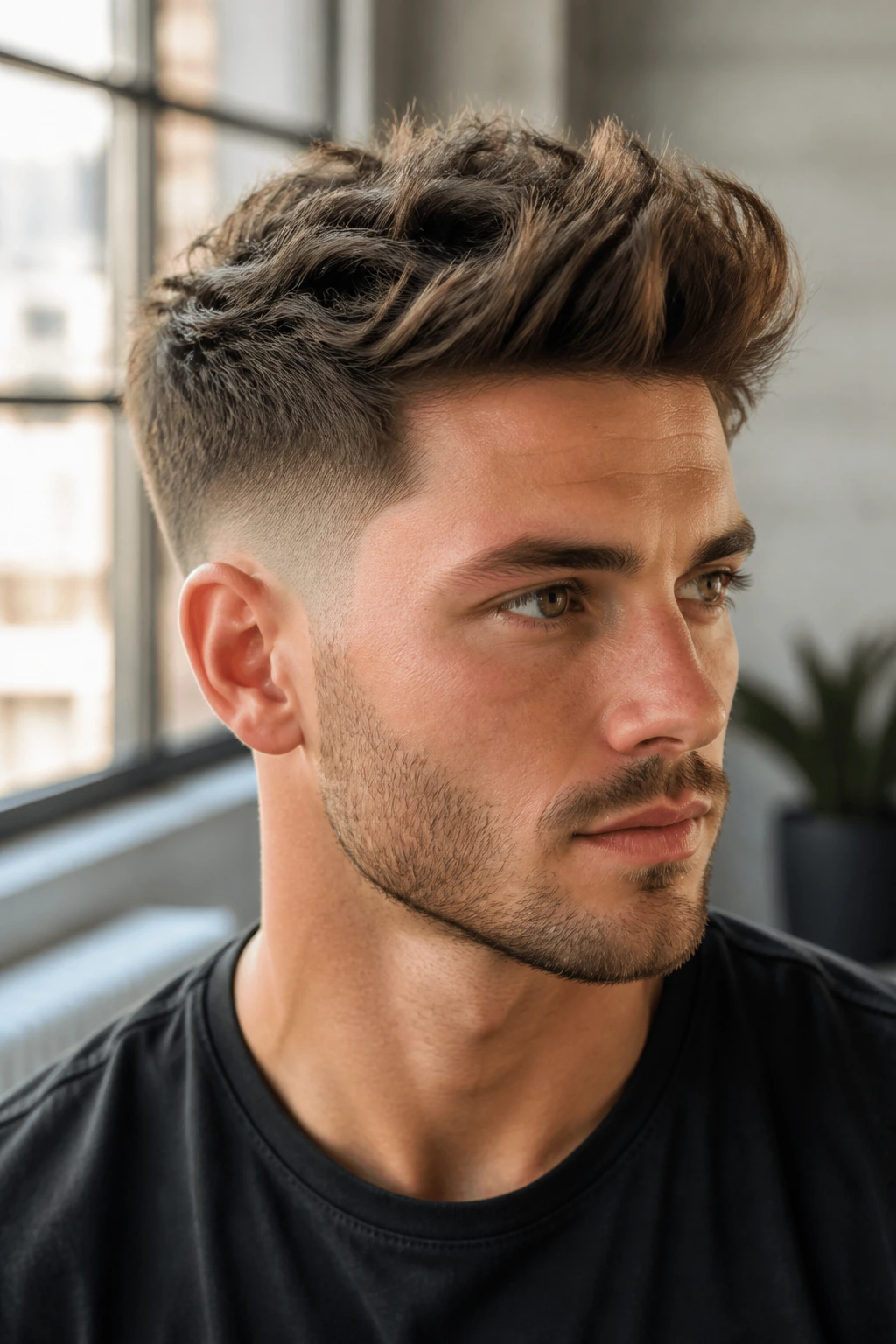 Three-quarter portrait of man with mid fade textured quiff