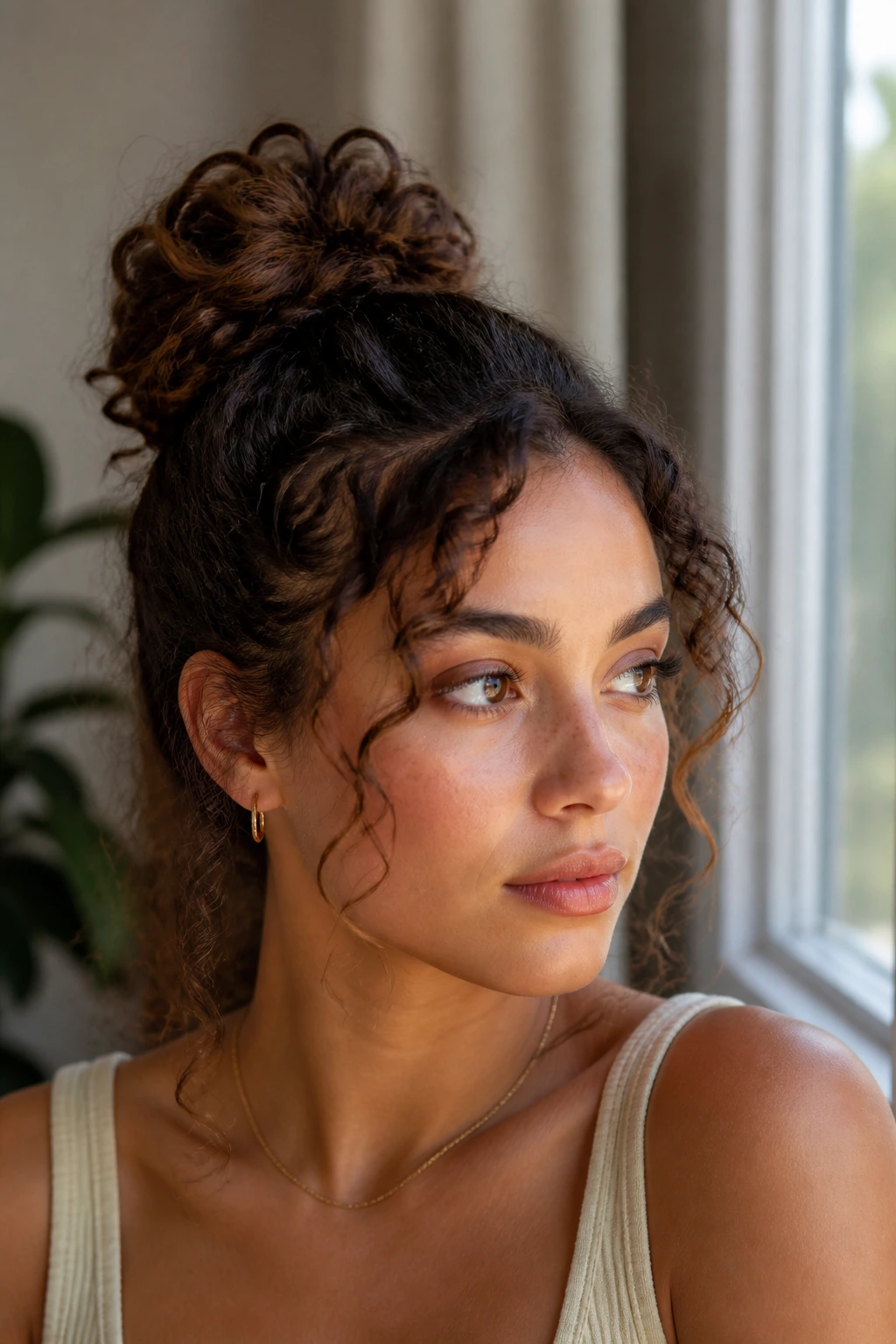 Close-up of real woman with a mid-height bun and loose face-framing curls