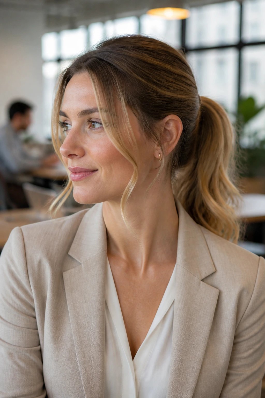 Medium close-up of a real woman with a mid-height ponytail and face-framing pieces in a modern workspace
