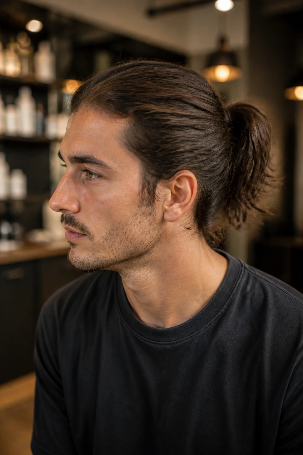 Portrait of a man with a mid-height ponytail in a casual indoor setting