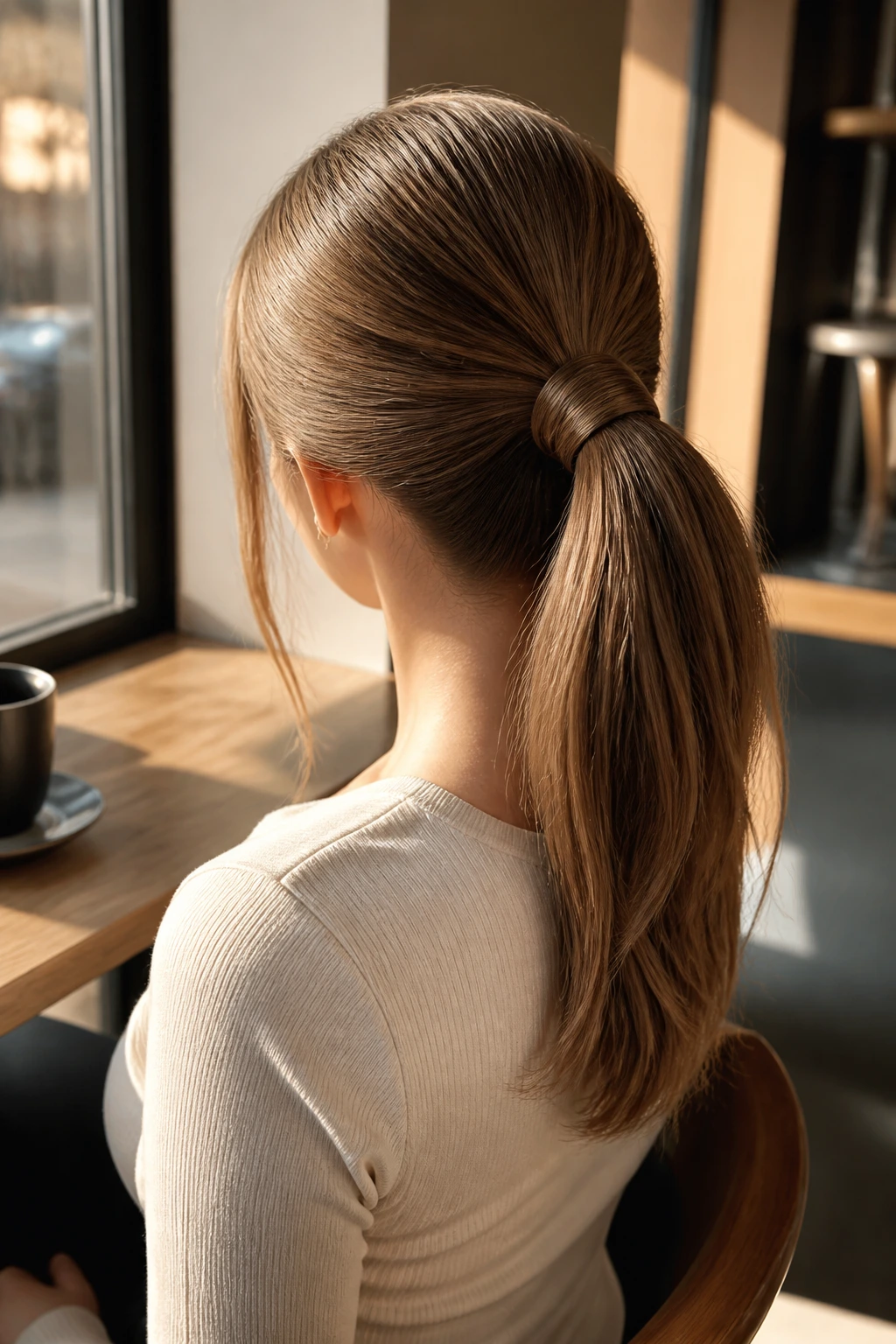 Three-quarter view of a real person with a mid-height ponytail wrapped at the base