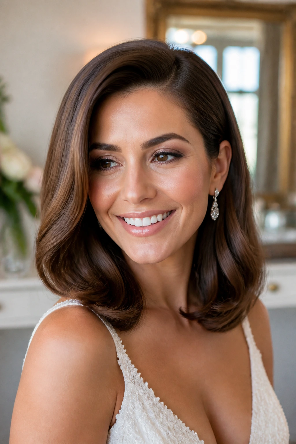 Bride with polished mid-length blowout and side part