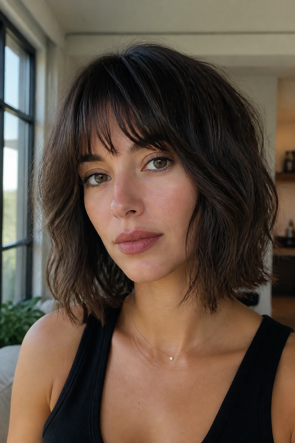 Real woman with mid-length bob with invisible layers and fringe in natural window light
